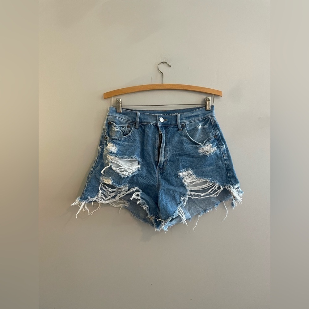 American Eagle Outfitters Distressed Holey Medium Wash High Waisted Jean Shorts